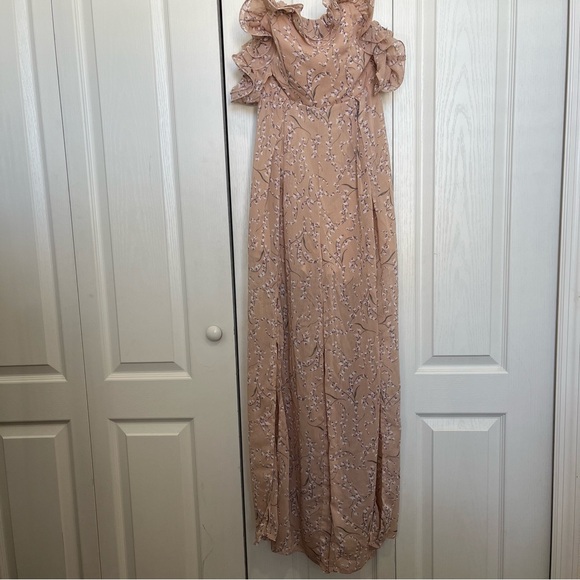 JAZZ BARDOT NECKLINE WIDE LEG SPLIT JUMPSUIT FLORAL PRINT BLUSH OFF-SHOULDERS - Picture 6 of 13